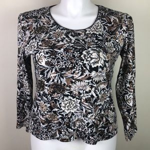 Karen Scott Floral Print Long Sleeve Shirt Scoop Neck